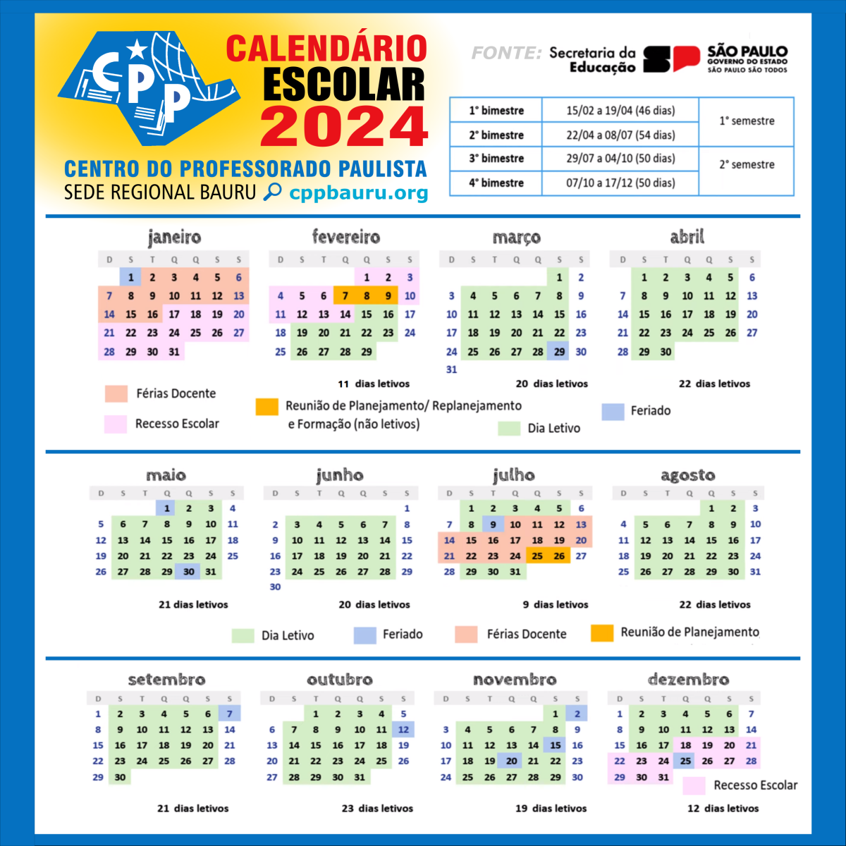 Calendário Escolar 2024 • Estado de São Paulo