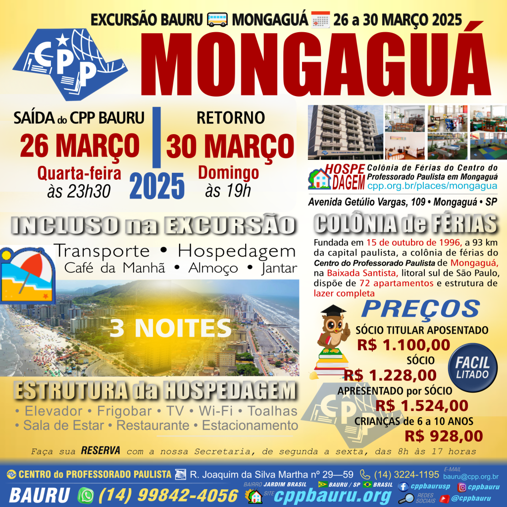 ⛱️ Excursão para Mongaguá 🚌 Saída do CPP Bauru 🔔 MAR&nbsp;2025