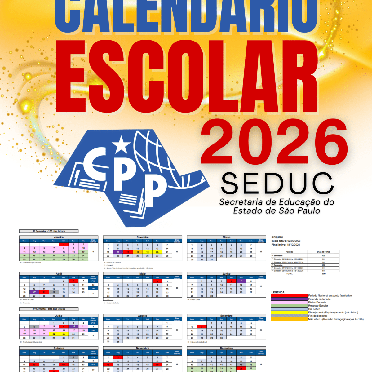 🔔 Calendário Escolar 🕗 SEDUC&nbsp;2026