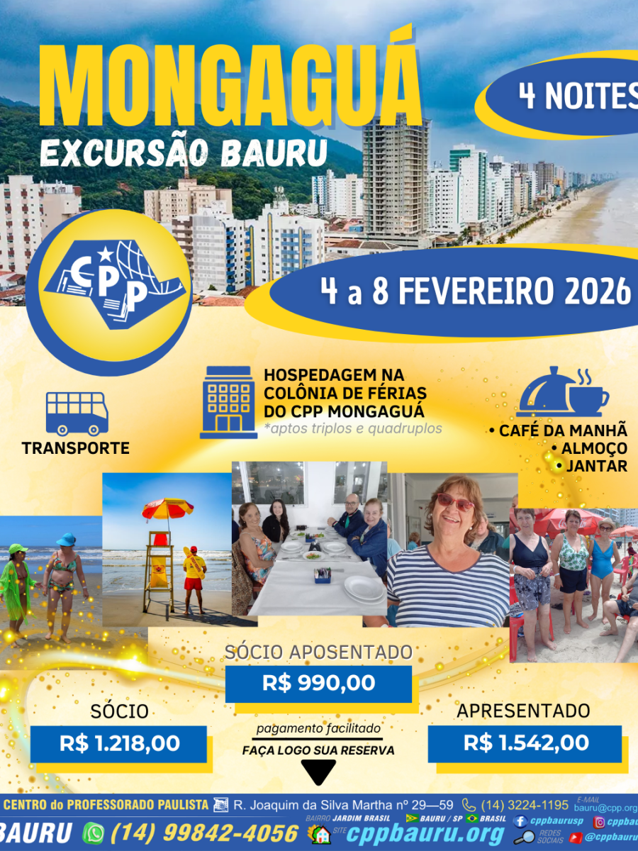 ⛱️ Excursão para Mongaguá 🚌 Saída do CPP Bauru 🔔 FEV&nbsp;2026